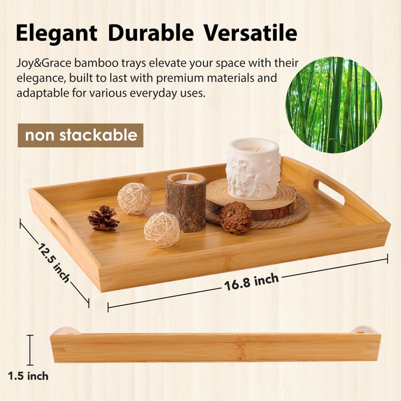 Joy&Grace Bamboo Serving Tray with Handles, Dinner Food Tray for Bed Breakfast Eating and Serving, for Coffee Table Ottoman TV, Decorative Wood Large Charcuterie Platter 16.8 x 12.5 inch 1 Pack - Image 2